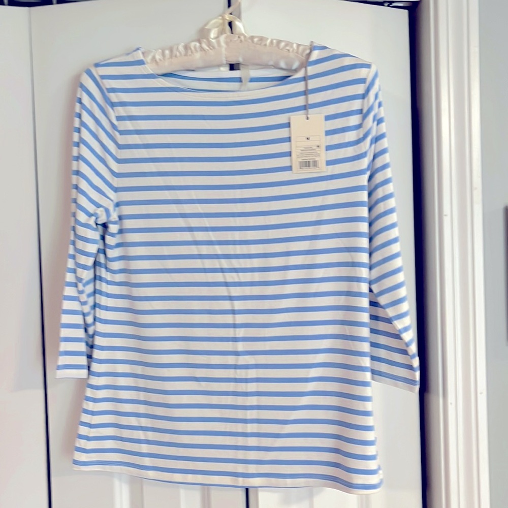 NWT White and Baby Blue Stretchy Striped Shirt with 3/4 Sleeves and Boat Neck